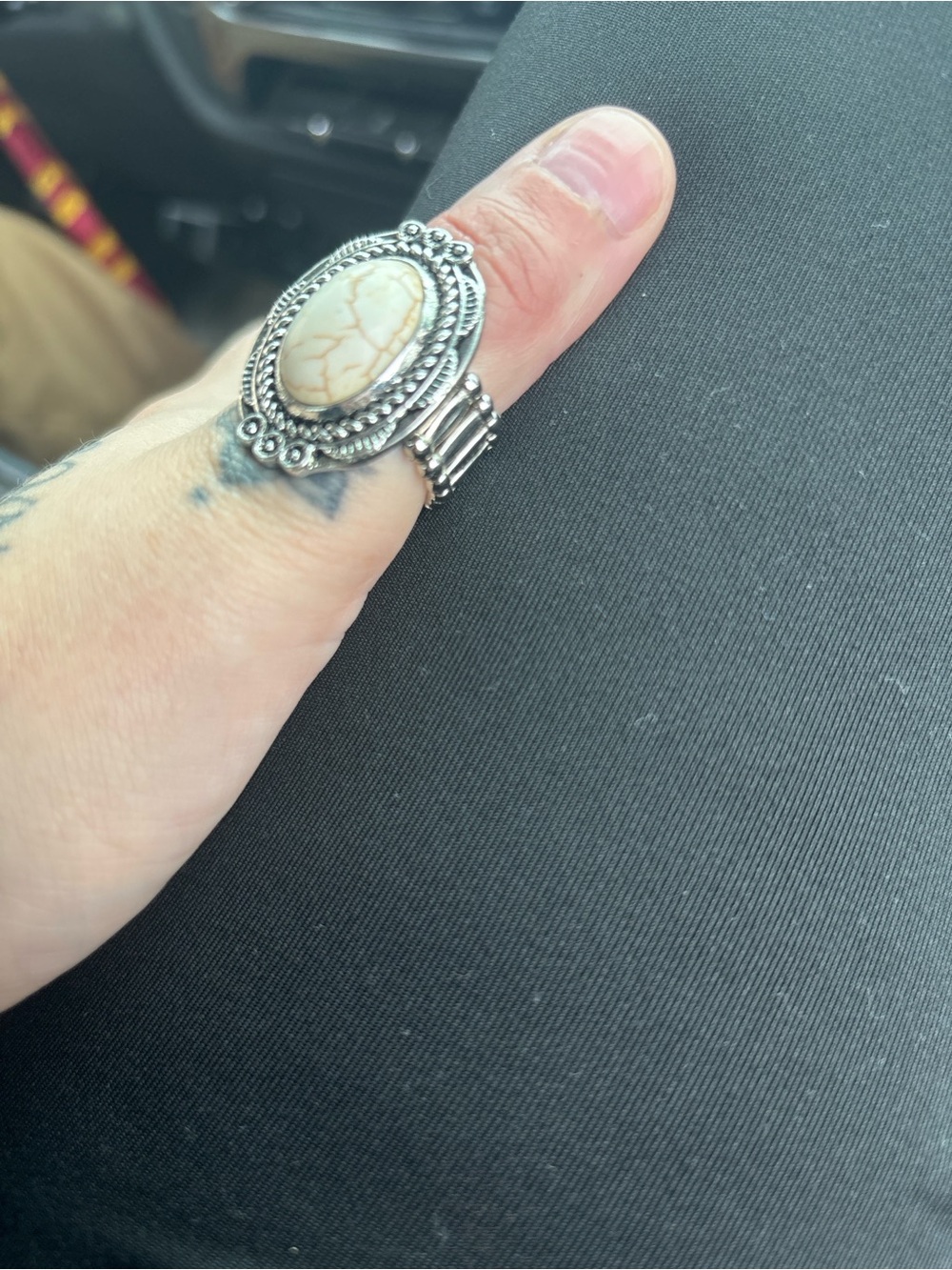 Silver-Tone Ring with Cream Marbled Oval Stone